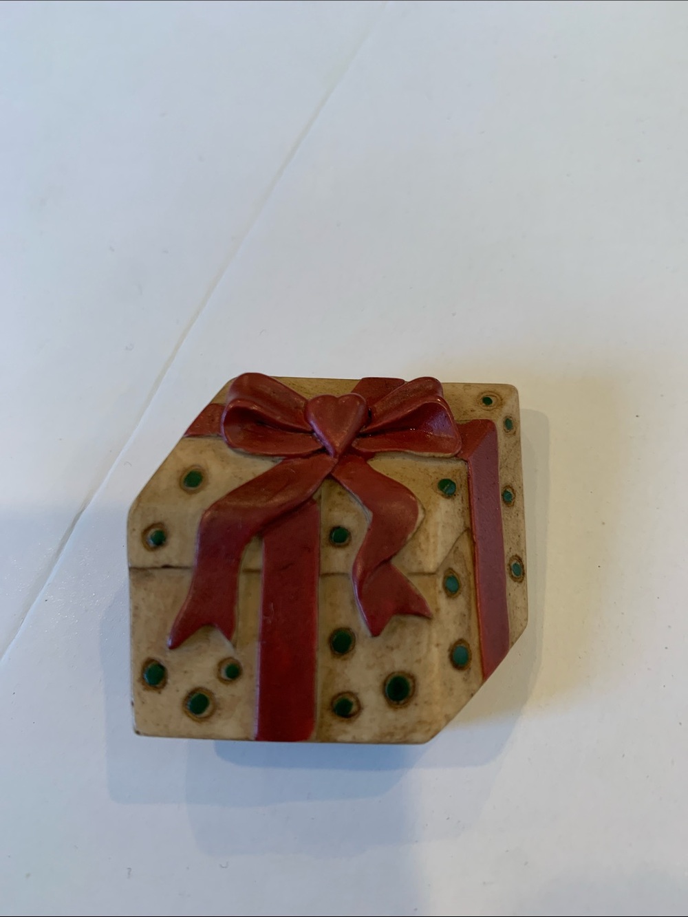 Vintage Christmas Gift Box Brooch Pin Red Ribbon Bow Heart Polka Dot